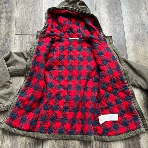 Hollister Olive Green Anorak Jacket Flannel-Lined Coat Small Red Plaid Lining - Picture 9 of 10